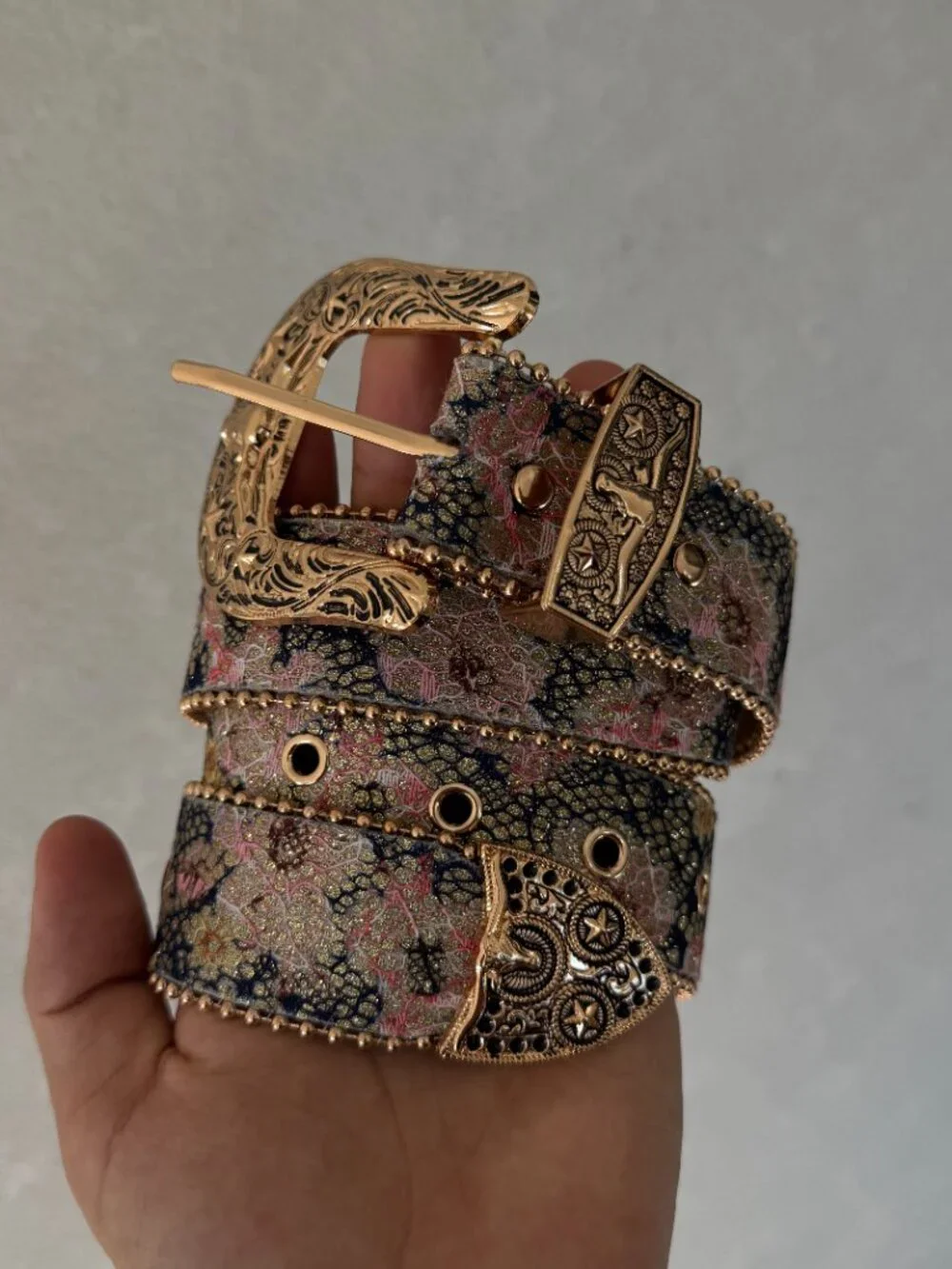 Pink Floral Jacquard Gold Western Buckle Belt